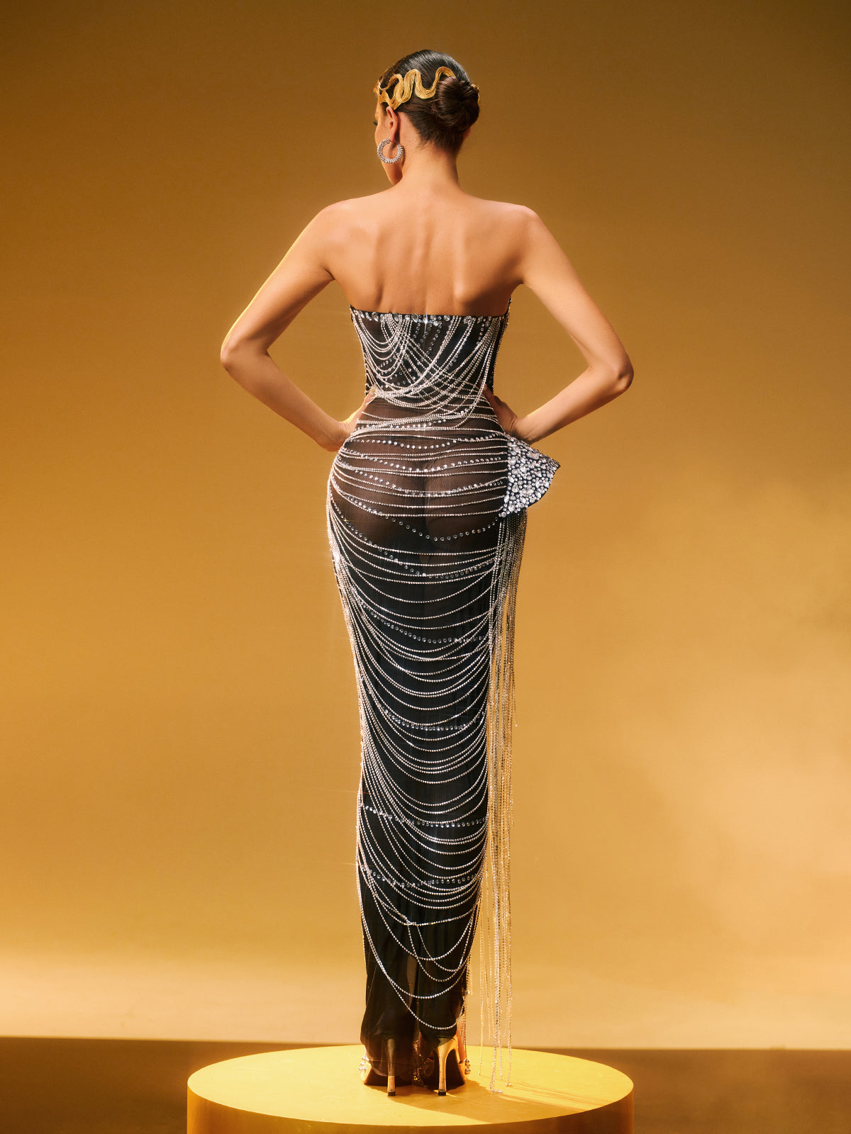 Strapless Crystal Chain Fringe Maxi Dress - View 6