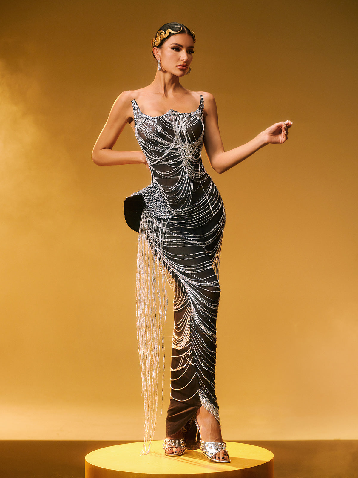 Strapless Crystal Chain Fringe Maxi Dress - View 2