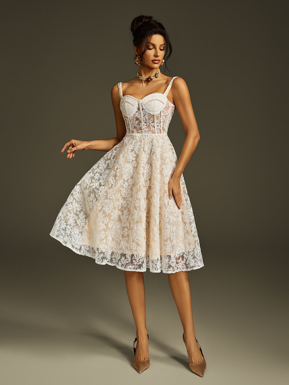 Spaghetti Embroidered Mesh Midi Dress - View 3