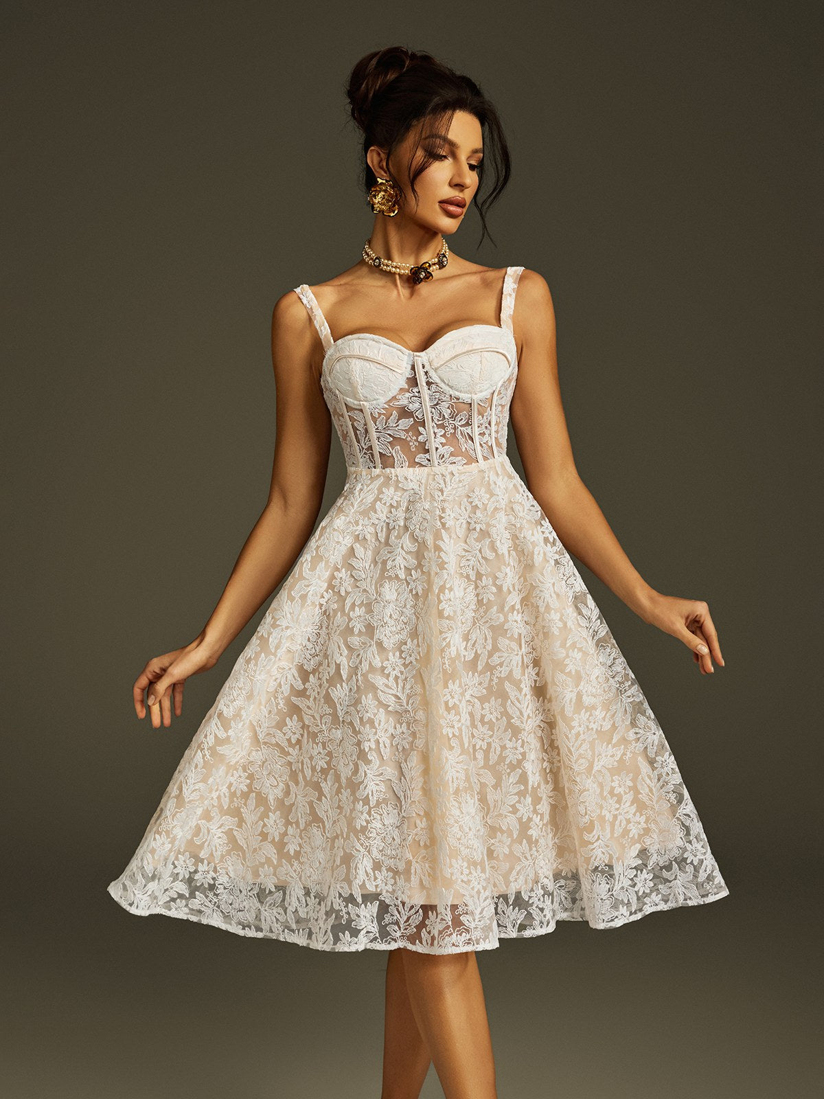 Spaghetti Embroidered Mesh Midi Dress - View 2