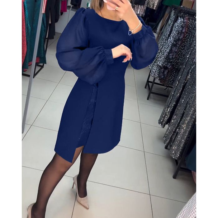 Sheer Lantern Sleeve Crew Neck Wrap Slit Mini Dress