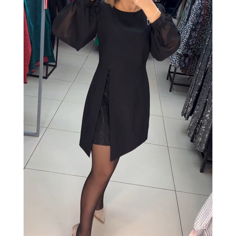 Sheer Lantern Sleeve Crew Neck Wrap Slit Mini Dress