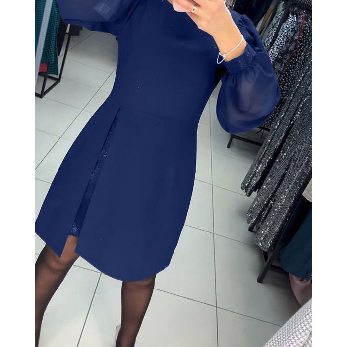 Sheer Lantern Sleeve Crew Neck Wrap Slit Mini Dress