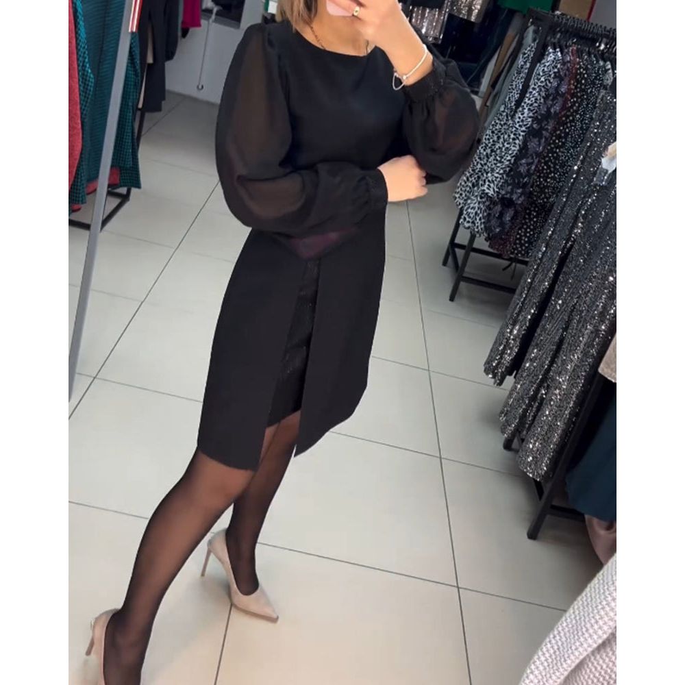 Sheer Lantern Sleeve Crew Neck Wrap Slit Mini Dress