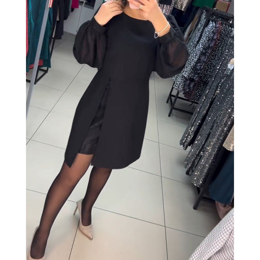 Sheer Lantern Sleeve Crew Neck Wrap Slit Mini Dress