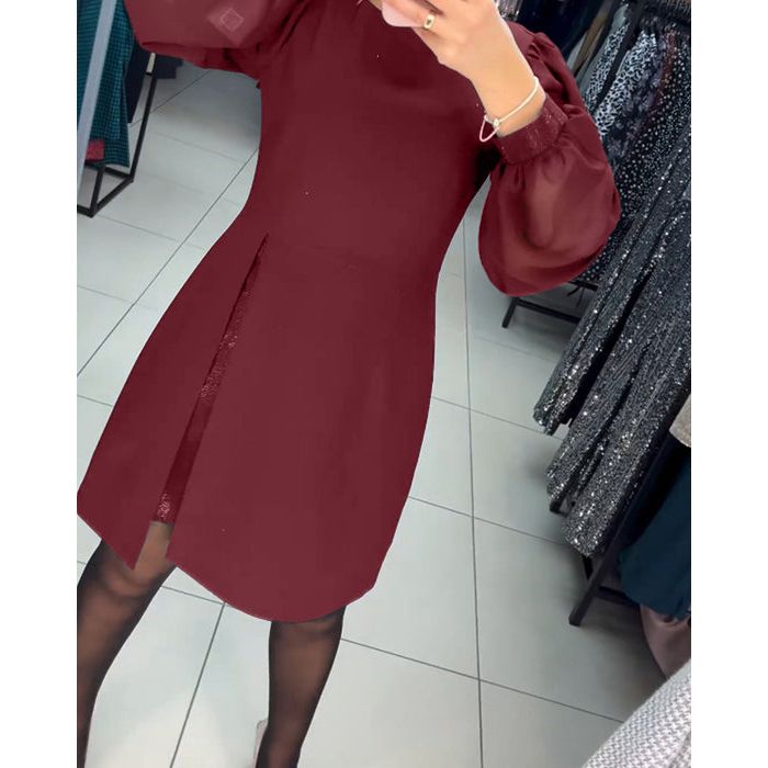 Sheer Lantern Sleeve Crew Neck Wrap Slit Mini Dress