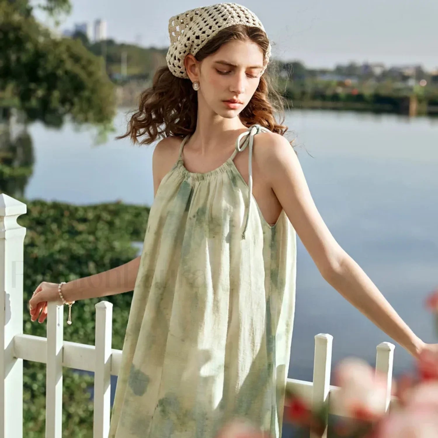 A-Line Chiffon Lace-Up Floral Dress