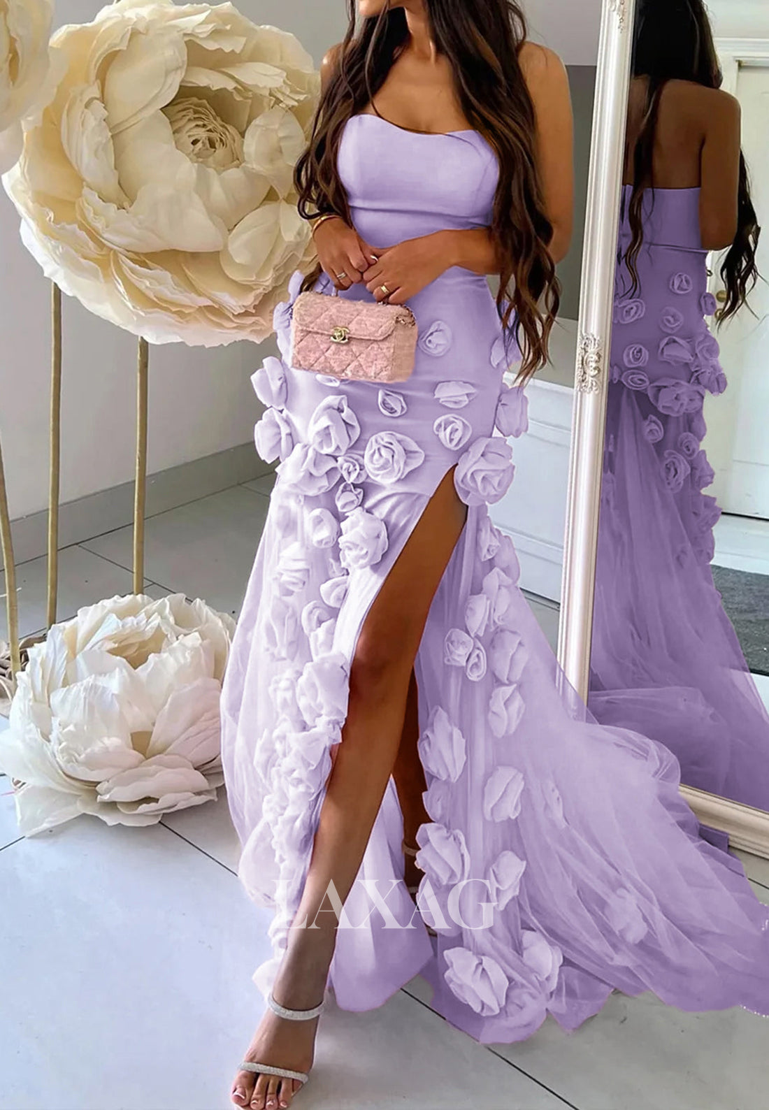 Sweetheart Off-Shoulder Sleeveless Evening Gowns Floral Embellished Mermaid Prom Dress with Tulle Train