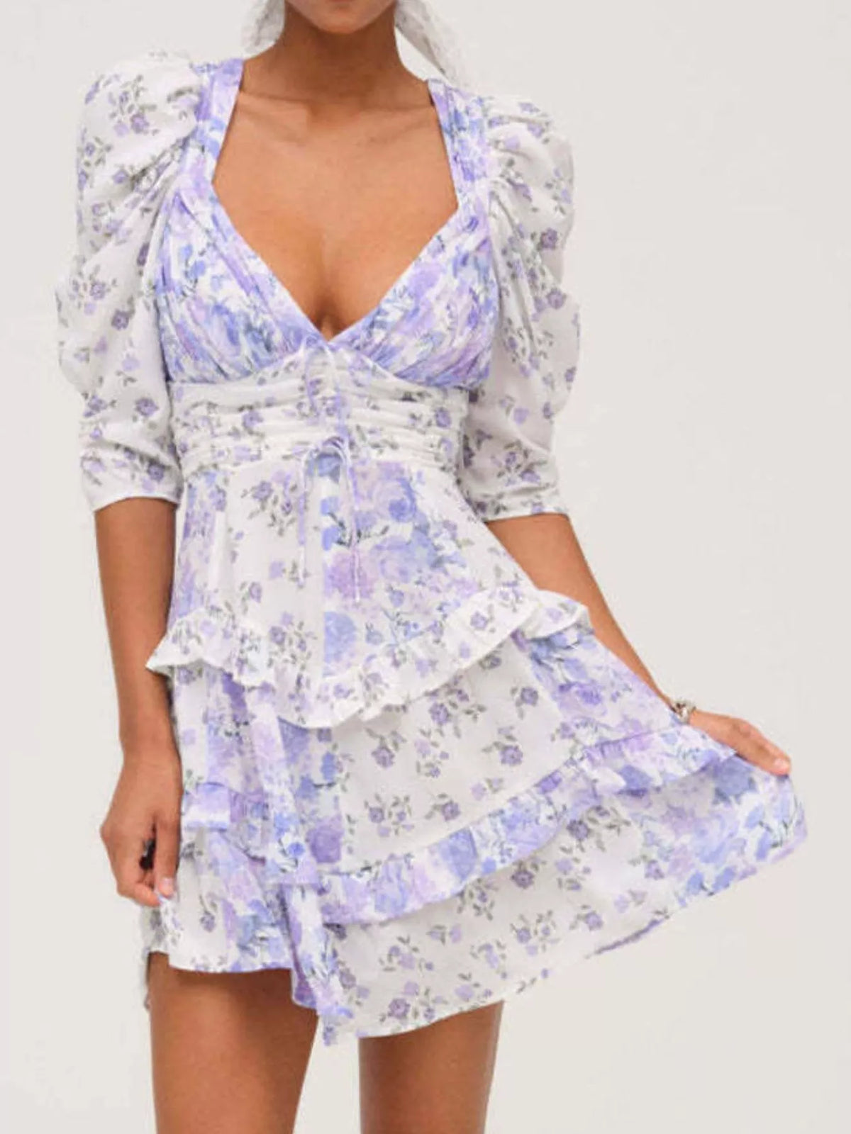 Floral Print Lace Trim Corset Waist Puff Sleeve Tiered Mini Dress 18
