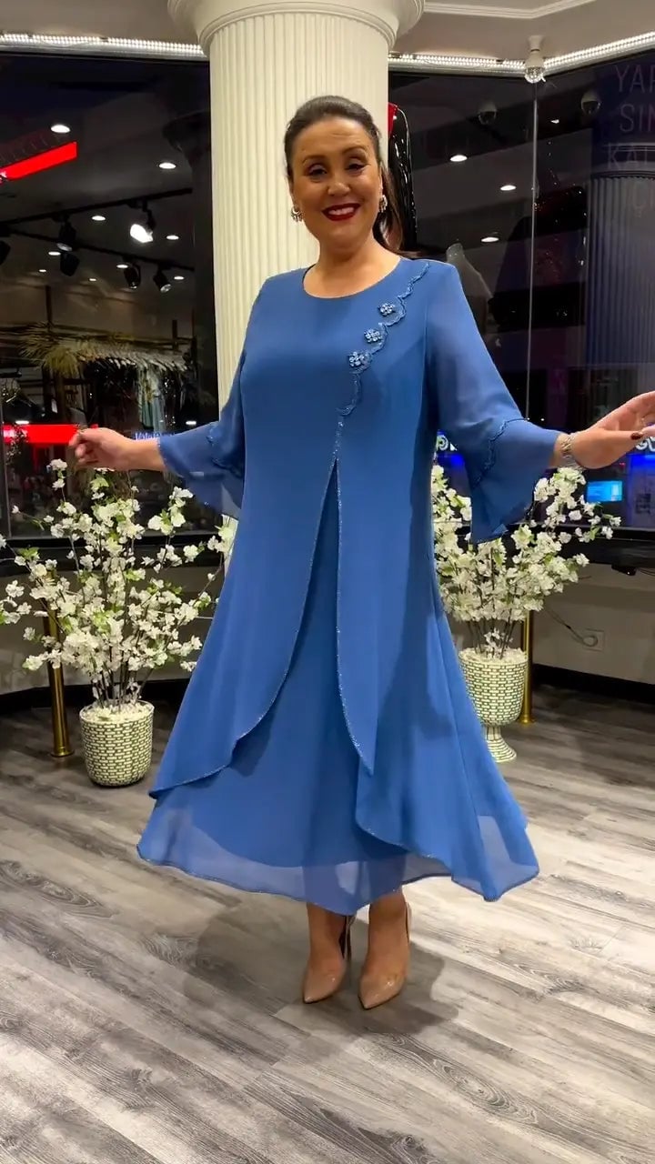 Chiffon Floral Applique Bell Sleeve Asymmetrical Tiered A-Line Midi Dress