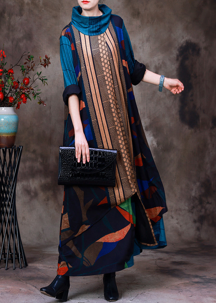 Geometric Patchwork Cowl Neck Long Sleeve Asymmetric Hem Oversized Maxi Dress