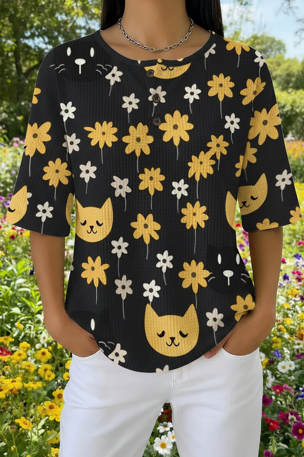 Womens Black Yellow Floral White Cat Print Casual Shirt
