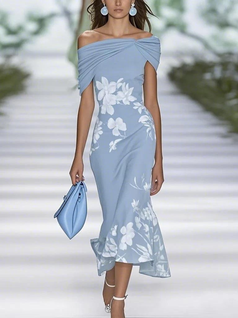 Spring Summer Floral Printed Elegant Dresses Blue