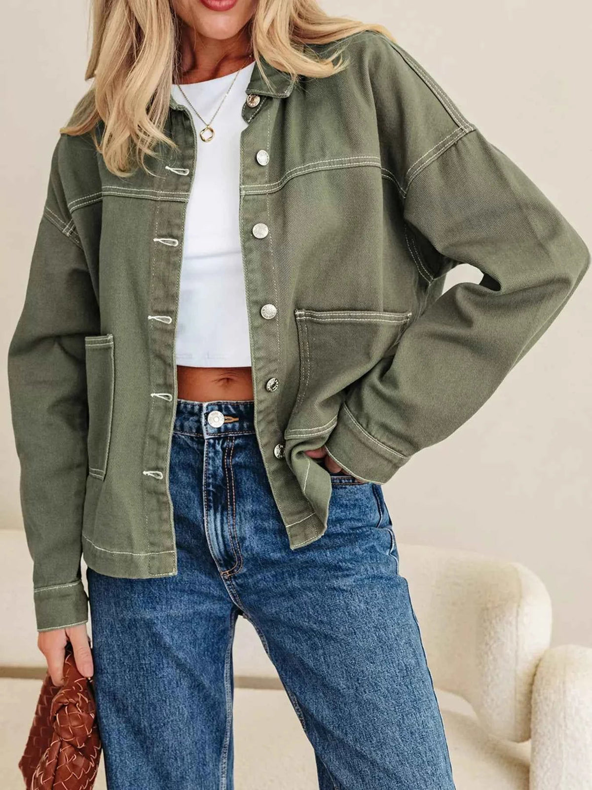Patched Pocket Collared Button Front Boyfriend Denim
