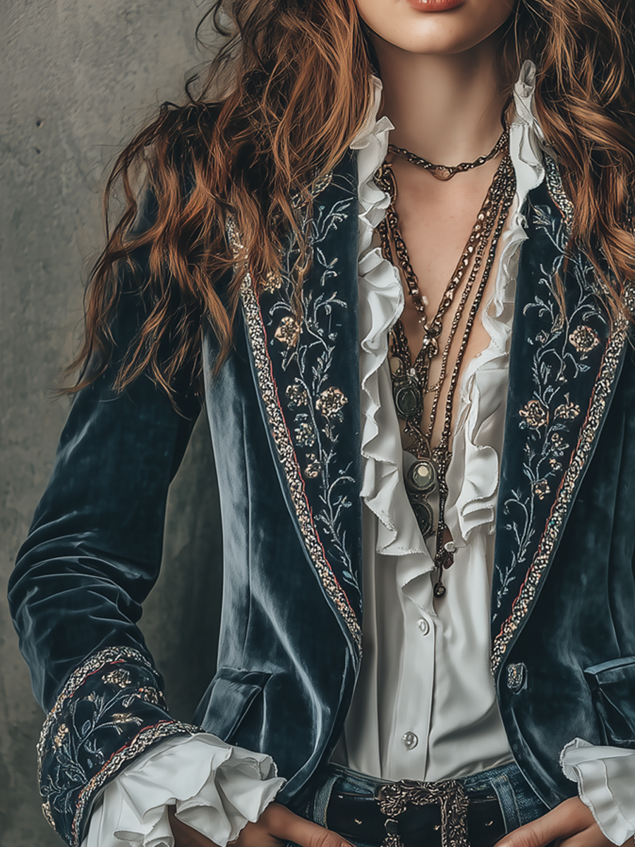 Floral Embroidered Velvet Notch Lapel Blazer