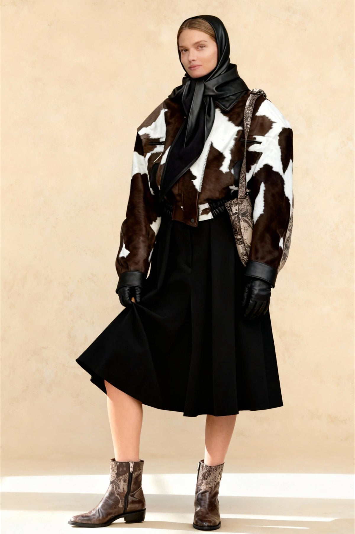 Cow Print Long Sleeve Elastic Hem Cropped Bomber Jacket 3