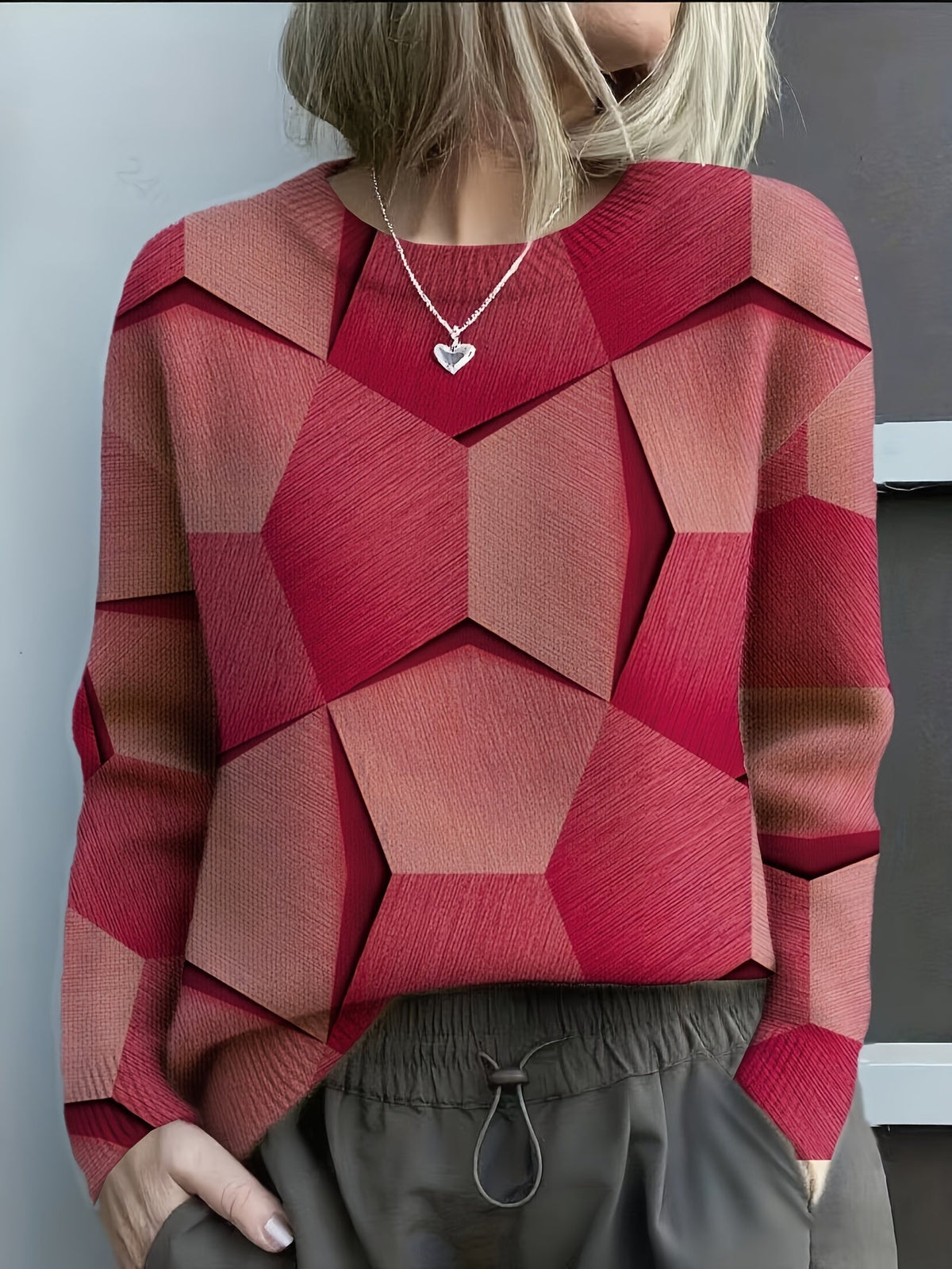 Crew Neck Geometric Colorblock Knit Sweater
