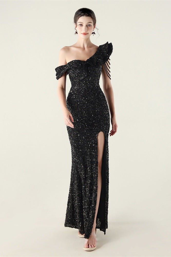 Sequin One Shoulder Ruffle High Split Mermaid Gown