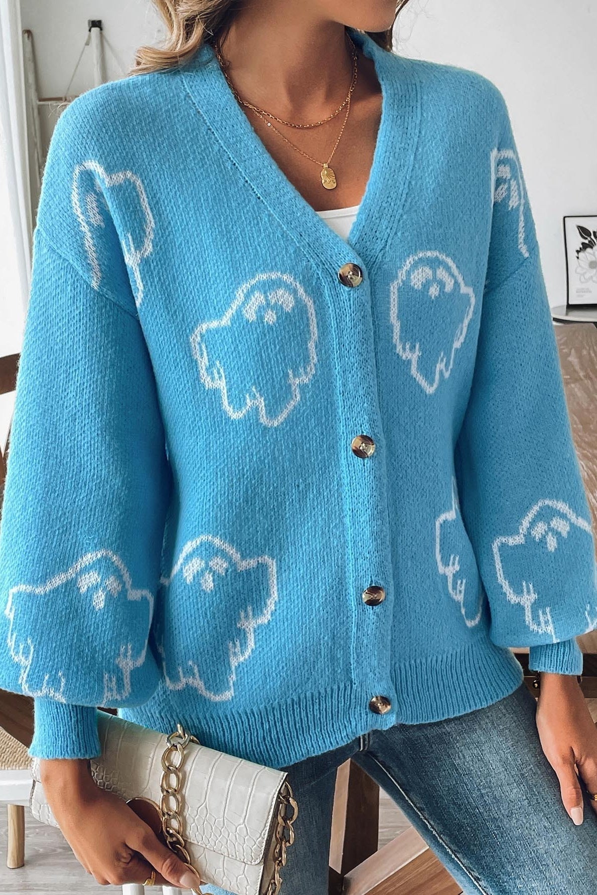 Ghost Pattern V-Neck Drop Shoulder Button Front Knit Cardigan 3