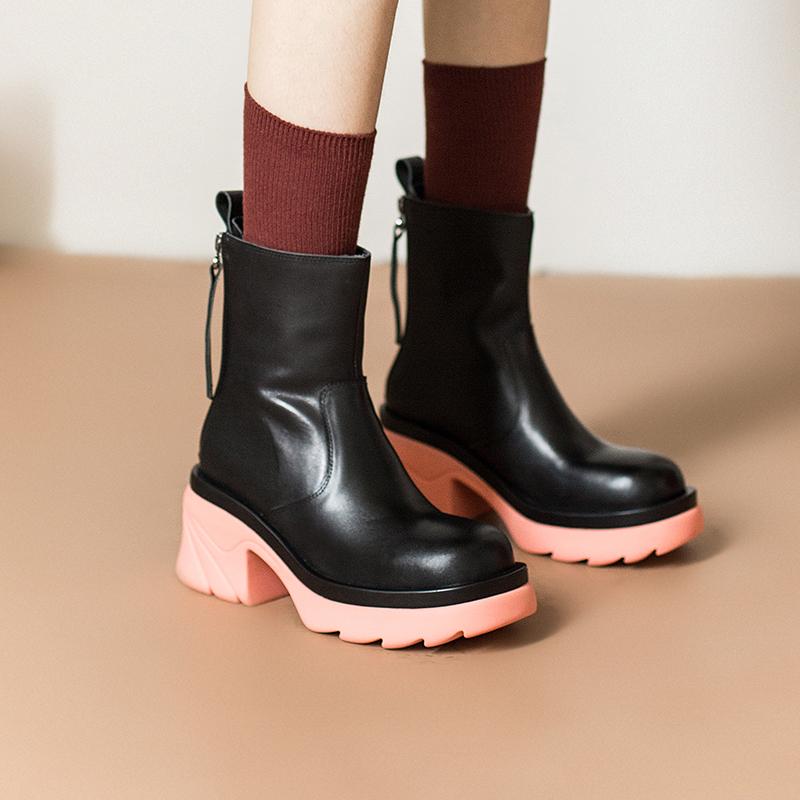 Colorful Sole Leather Short Boots Chunky Riding Boots High Heel Back Zip