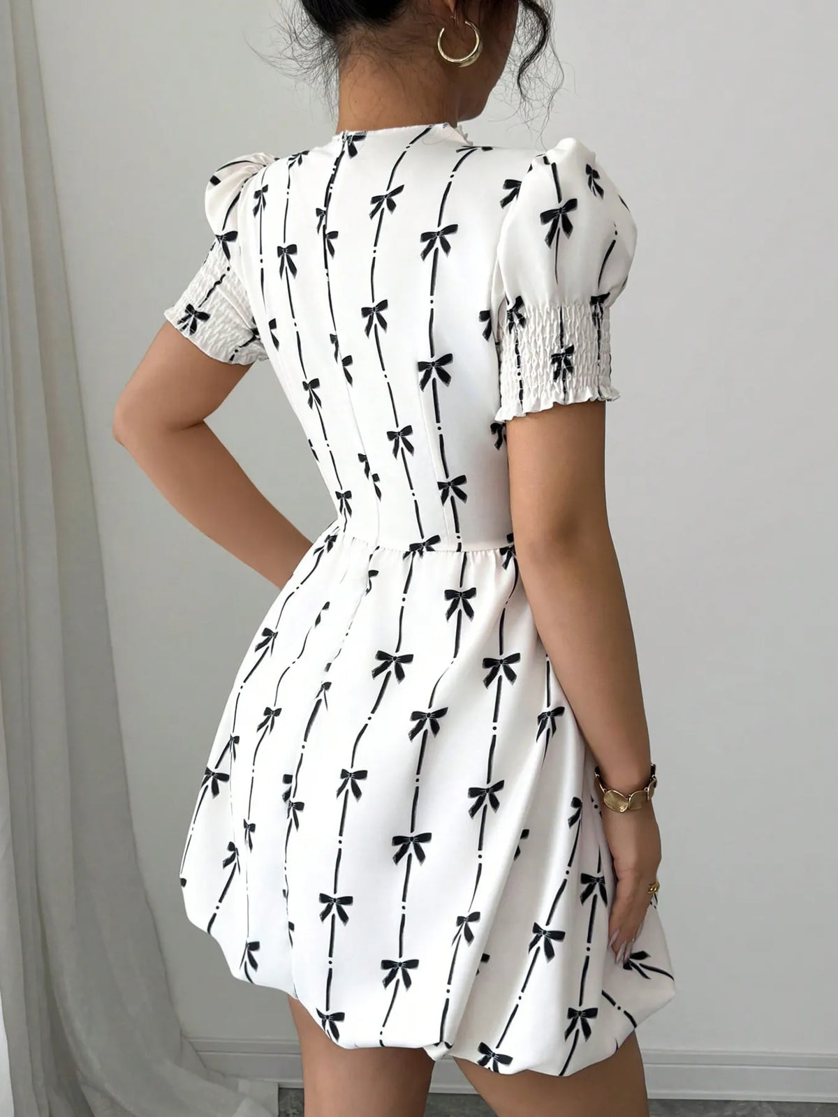 Bow Print Smocked Mock Neck Puff Sleeve Bubble Hem Mini Dress 4
