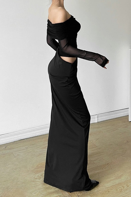 Off Shoulder Long Sleeve Sheer Mesh Ruched Bodycon Maxi Dress