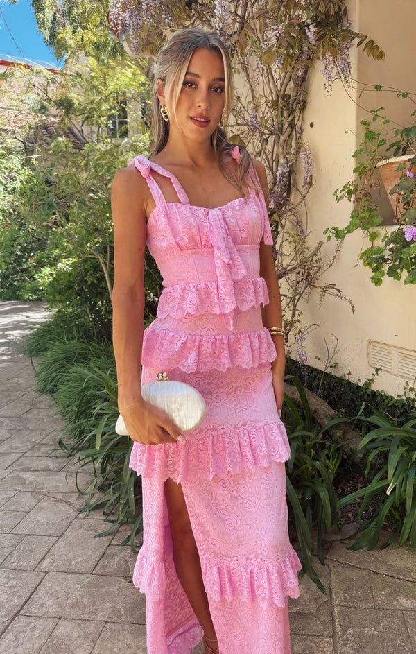 Lovely Pink Lace Tiered Side Slit Long Party Dress Formal Prom Evening Gown cc1531