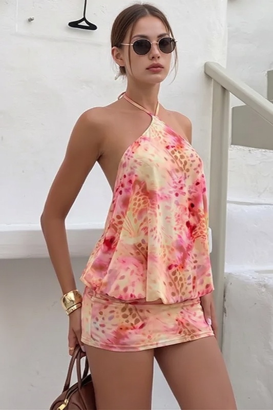 Printed Halter Tie Back Bodycon Slip Dress