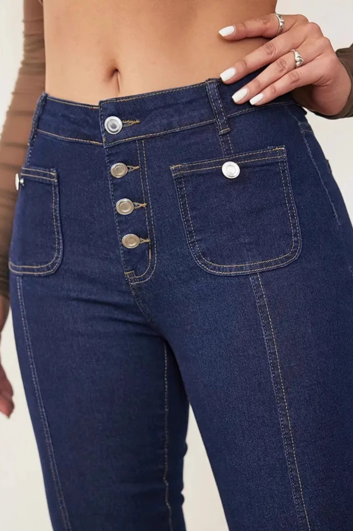 High Waist Button Front Patch Pocket Seamed Flare Denim Jeans 5