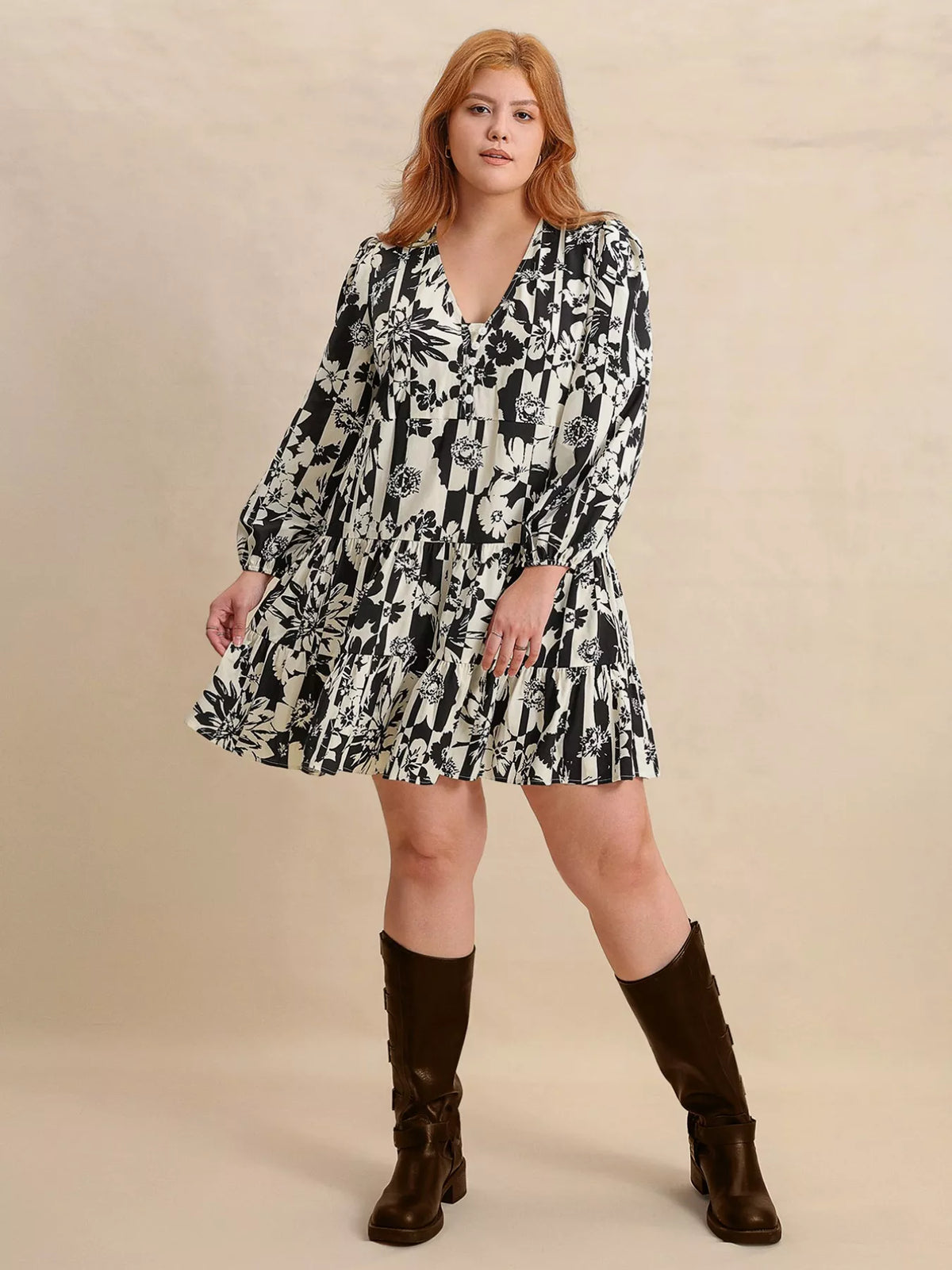 Floral Print V-Neck Balloon Sleeve Tiered Mini Dress 5