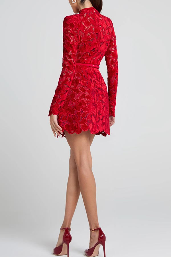 Floral Lace High Neck Long Sleeve Belted Mini Dress