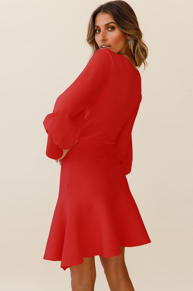 Crew Neck Lantern Sleeve Knit Fit and Flare Mini Sweater Dress 12