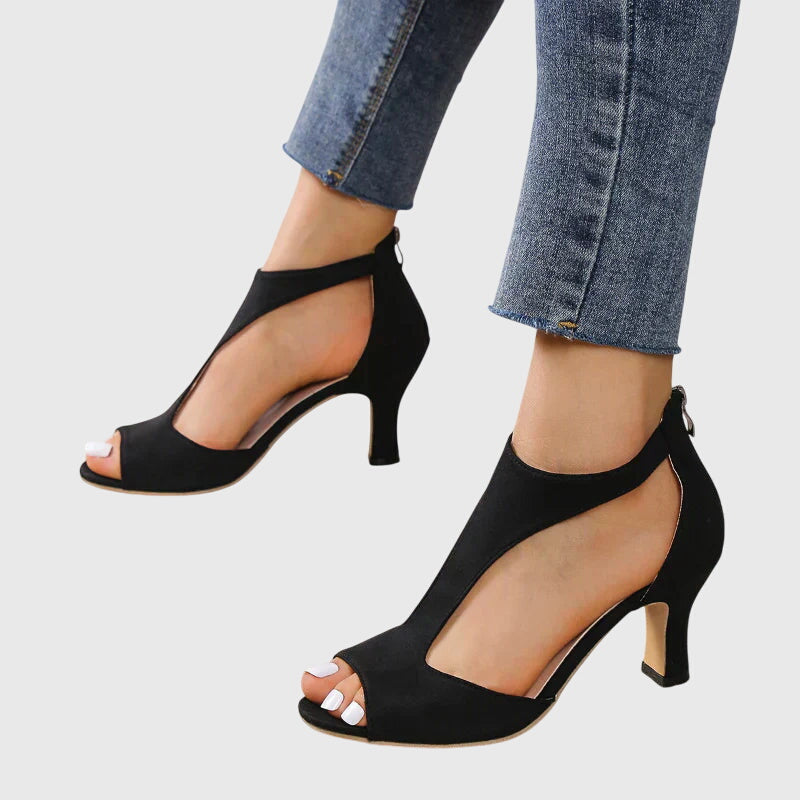 Peep Toe Cut Out Suede Look Block Heel Sandals