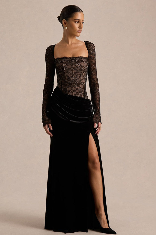 Lace Panel High Slit Long Sleeve Maxi Lace Dress