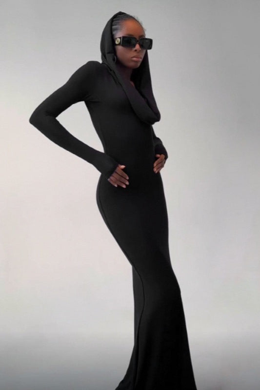 Cowl Neck Hooded Long Sleeve Bodycon Maxi Dress