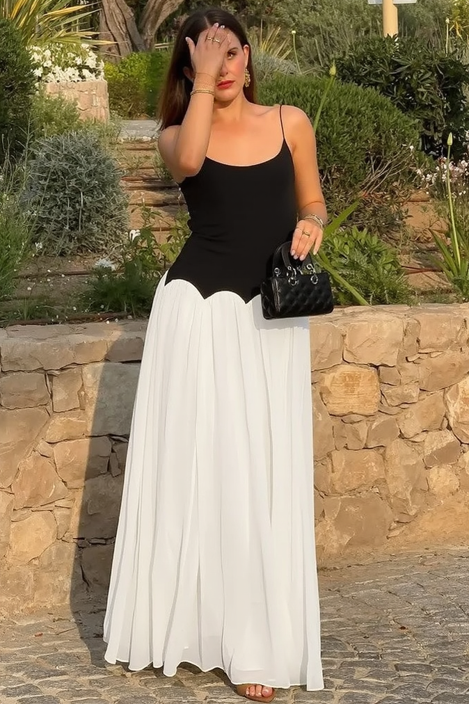 Color Block Open Back Waist Cinch Maxi Slip Dress