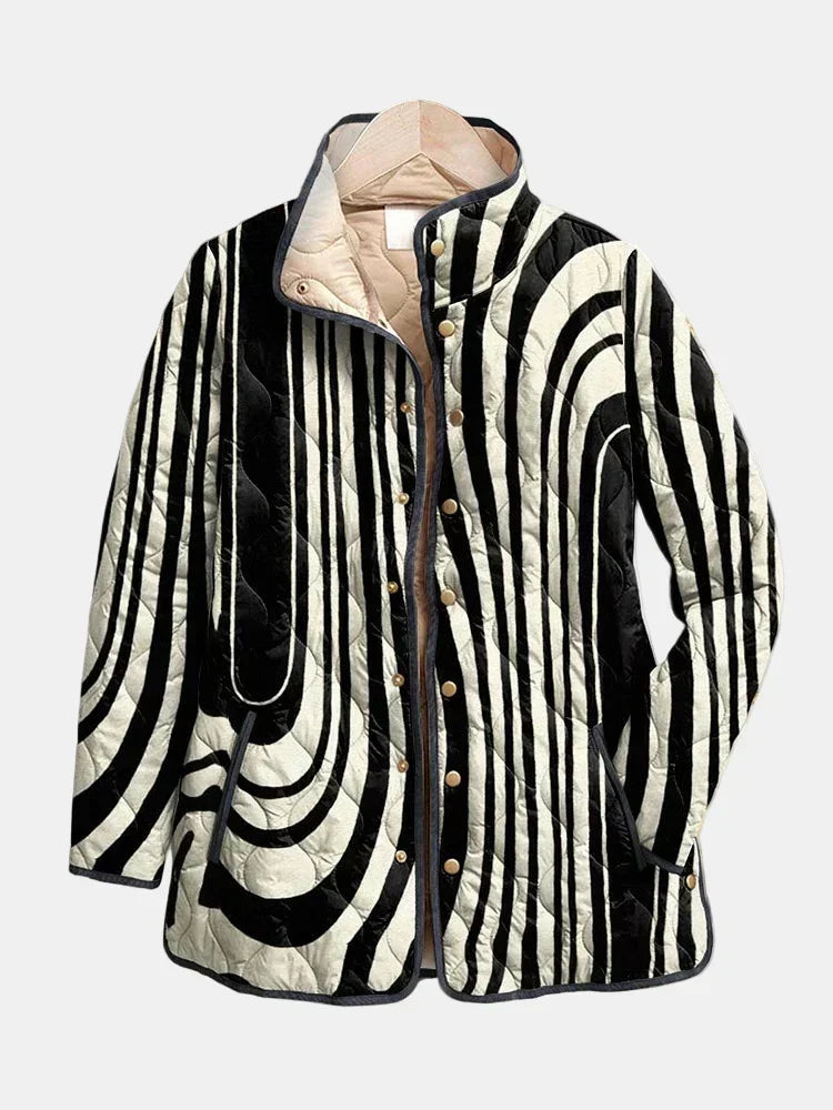 Abstract Stripe Quilted Stand Collar Button Jacket