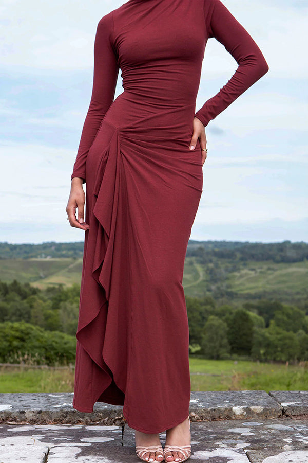 Long Sleeve High Neck Ruched Side Ruffle Slit Maxi Dress 5
