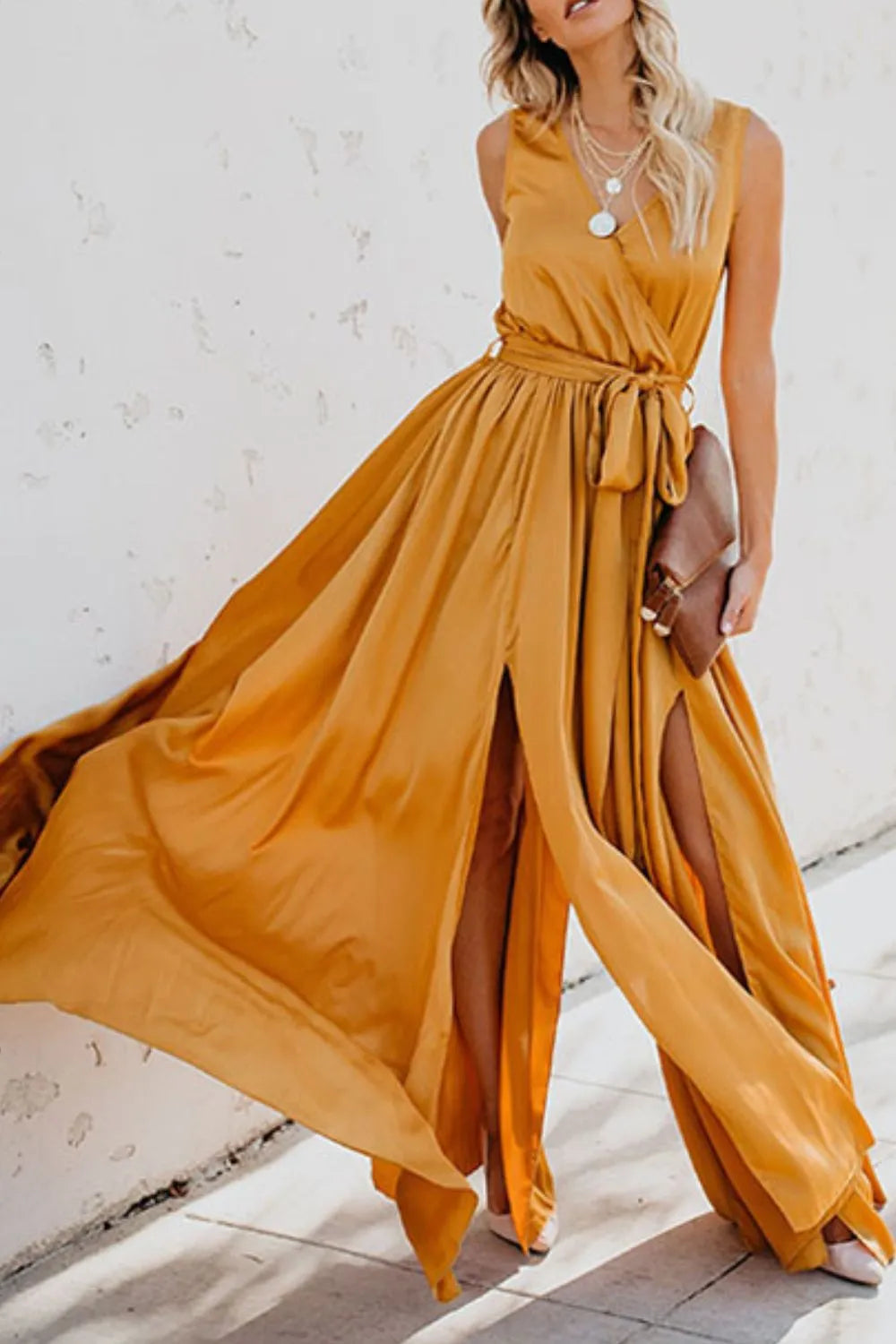 Satin Surplice V-Neck Sleeveless Tie Waist High Split Maxi Dress 3