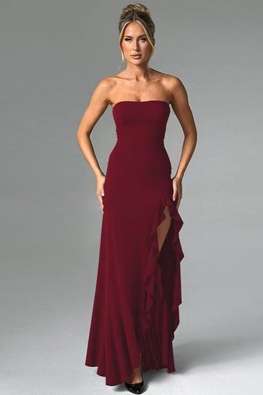 Strapless Ruffle High Slit High Low Maxi Dress