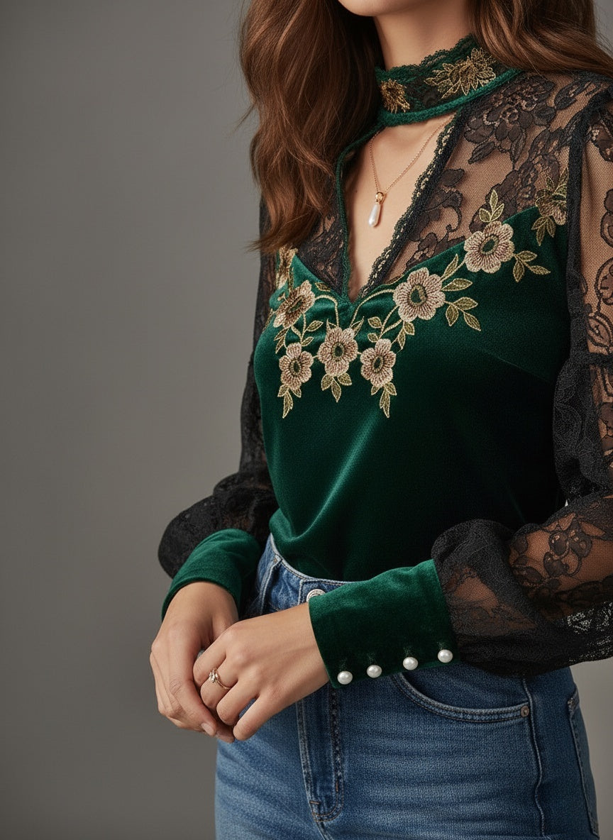 Embroidered Emerald Velvet & Lace Blouse
