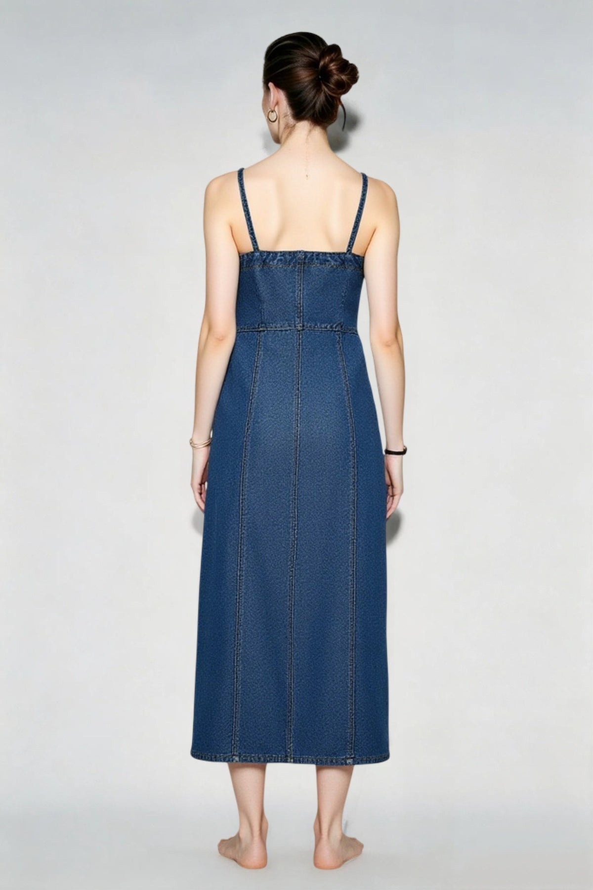 Denim Look Bustier Spaghetti Strap Seamed A-Line Maxi Dress 3