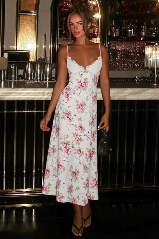 Floral Spaghetti Strap Lace Trim Sweetheart Slip Maxi Dress