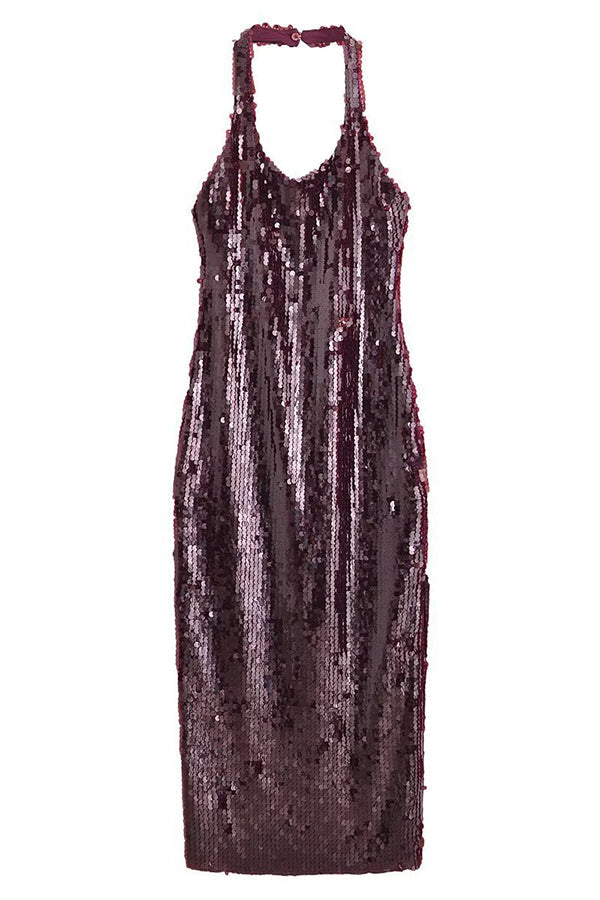 Sequin Halter Neck Backless High Split Bodycon Midi Dress