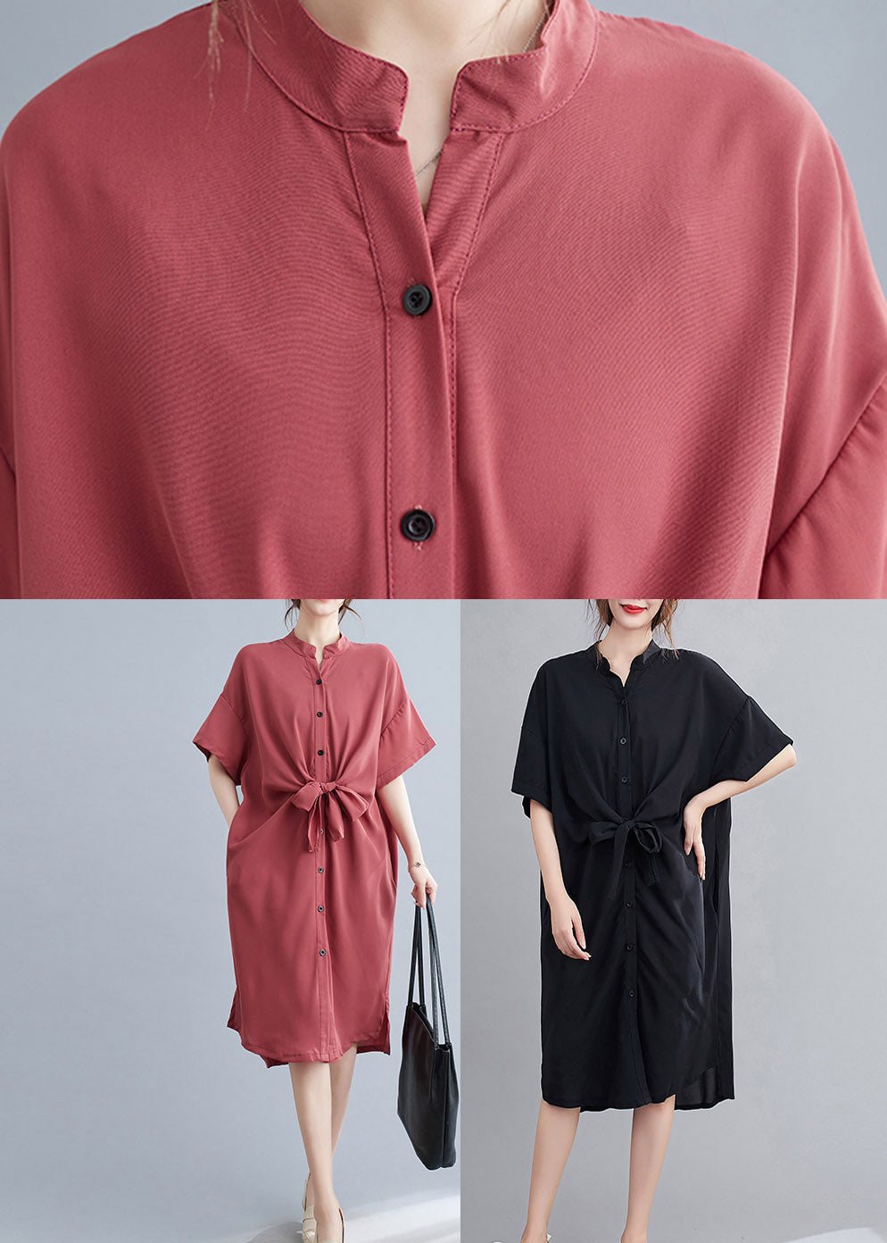 Button Down Mandarin Collar Tie Belt Short Sleeve Midi Shirt Dress