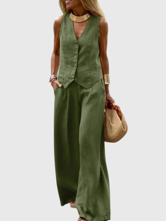 Sleeveless V-Neck Vest and Wide Leg Pants Two Piece Set