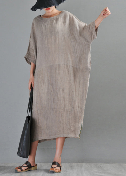 Textured Round Neck Three-Quarter Sleeve Side Zip Hem Oversized Midi Dress