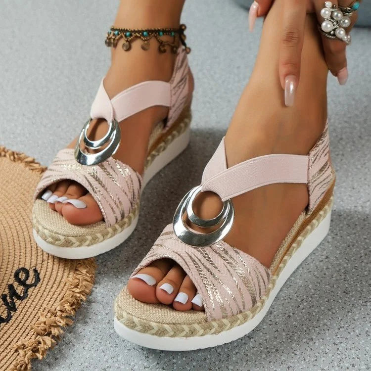 Open Toe Ring Detail Ankle Strap Espadrille Wedge Sandals