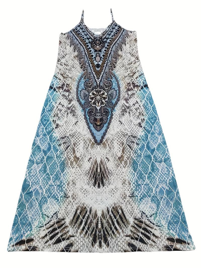 Spaghetti Strap Sleeveless Snakeskin Print Geometric Panel Maxi Dress