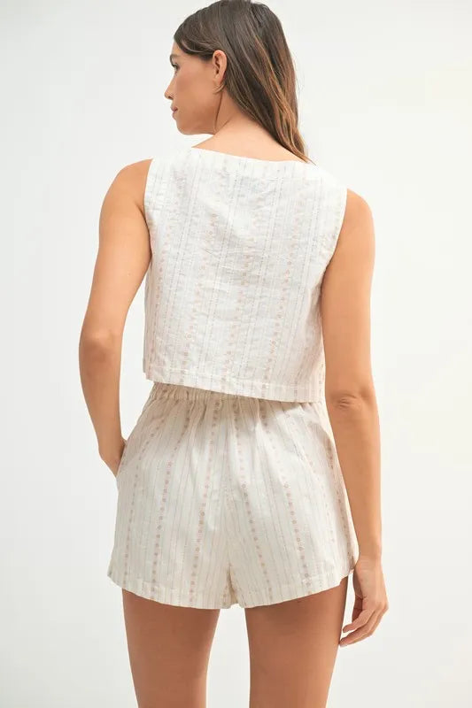 Embroidered Stripe Square Neck Crop Top and Pleated Shorts Two Piece Set 3